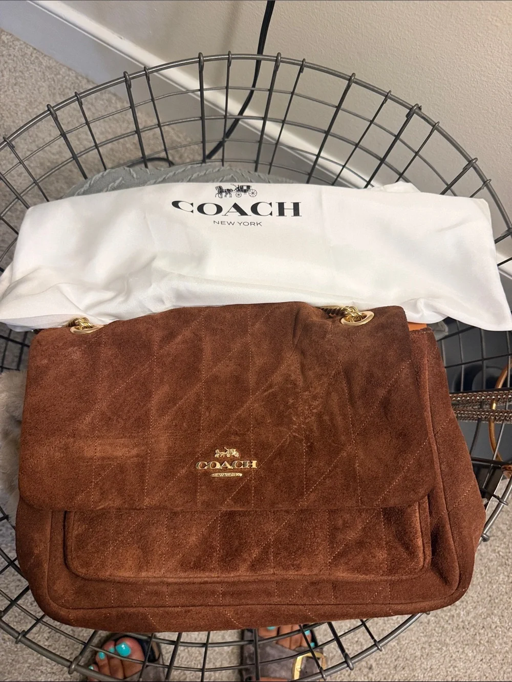 Coach Brown Suede Shoulder Bag with Gold Hardware